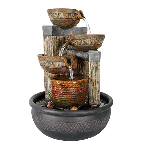 15.7''H 4-Tier Relaxation Indoor Tabletop Waterfall Fountain with LED Lights Desktop Fountains Calming Sound for Home Office Bedroom Decor (Brown, 15.7inch)