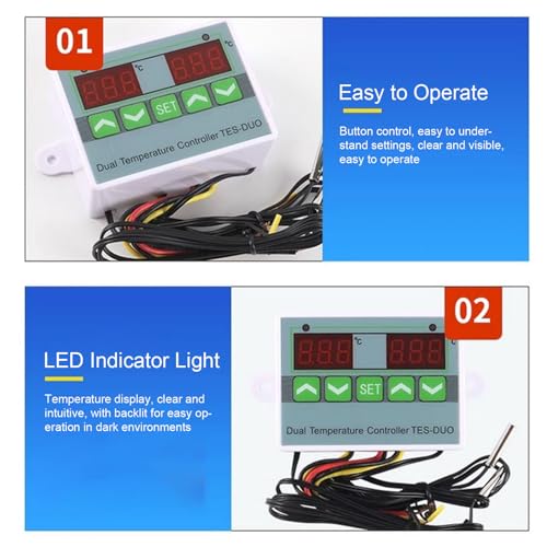 Dual Temperature Thermostat for Reptile Tank, -50℃ to 110℃ Digital Thermostat with Data Storage for Reptile Refrigerator Freezer (DC12V)