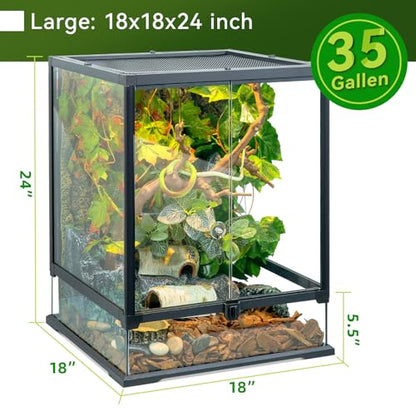 24x18x18'' Glass Reptile Tank Front Opening Terrarium Suitable for Leopard Geckos, Snakes, Tree Frogs, Chameleons,Watertight Base, Ventilated Metal Mesh Top, Pre-Drilled Cable Holes - size: 24'' x 18'' x 18''