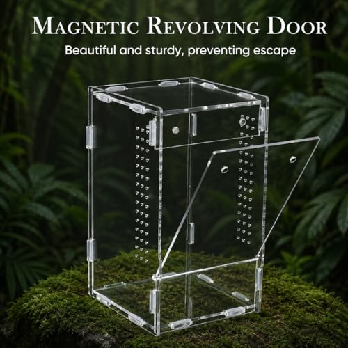 Acrylic Jumping Spider Enclosure, 4.72"×4.72"×7.88" Terrarium Habitat for Spiderling, Mantis, Tarantula, Snail & Small Reptiles, Includes Tweezer & Temperature Sticker