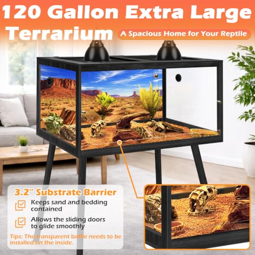 PROLEE 120 Gallon Bearded Dragon Tank with Leg, 4x2x2 Reptile Enclosure with Tempered Glass Sliding Doors, Lockable Front Opening and Metal Mesh Top, Large Terrarium for Lizards and Snakes, Black - color: Black
