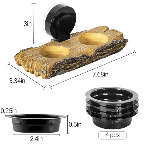 2 in 1 Reptile Feeding Ledge & Turtle Basking Platform, Resin Suction Cup Feeder with 4PCS Cups, Terrarium Water Bowl Food Dish - Tank Accessories for Crested Gecko Lizards & Aquatic Turtles