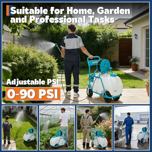 Garvee 24 Gallons Battery Powered Sprayer with Wheeled Cart, 12V 12Ah Electric Sprayer with 6 Nozzles & 2 Wands, 5-6 Hour Runtime, 90PSI Adjustable Pressure, Trigger Lock, Yard Sprayers for Lawn - size: 24 Gal.