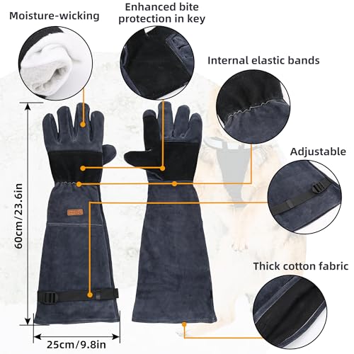 Small Animal Care Gloves - 23.6 inch Leather Reinforced Gloves, Adjustable Straps Suitable for Grabbing Cat Reptile Puppy Bird Poultry or Gardening Welding (Grasping Small Animals)