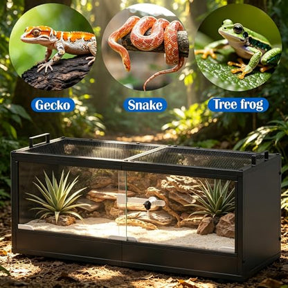 20 Gallon Reptile Terrarium Tank, Lockable Reptile Enclosure with Mesh Top & Handles, Escape-Proof Habitat Cage with Sliding Door for Snakes, Lizards, Tortoise & Small Animals, Black