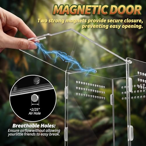 Hushee 2 Pcs Acrylic Jumping Spider Enclosure, 360° Clear Ventilated Reptile Terrarium View, Easy Assembly Secure Pet Habitat, Perfect for Mantis, Frog, Tarantula, Gecko and Small Reptiles