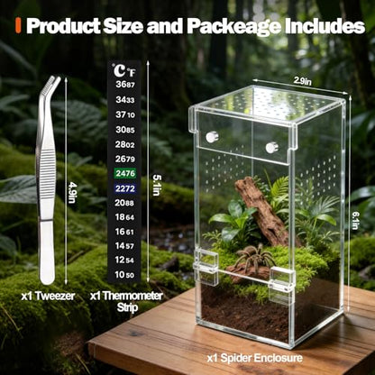 No Assembly 3mm Thick Acrylic Jumping Spider Enclosure,Magnetic Closure Front Door & 3-Side Ventilation, with Tweezers & Thermometer Strips,Ideal for Reptile Tank,Snail,Insect, and Tarantula Habitat - size: Habitat+Tweezers+Temperature strip