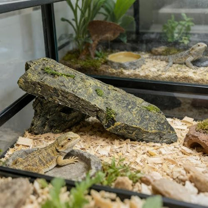 Resin Hideout Cave, 10.6 in Reptile Basking Platform, Aquarium Rock Ornament with Gentle Slope, Flat Top and Natural Slate Design, Habitat Decor for Small Reptiles