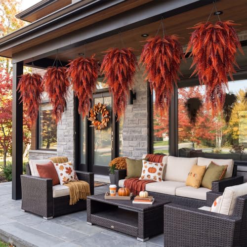Daifunli 12 Pcs Artificial Fall Hanging Plants Fake Hanging Ferns Plastic Autumn Faux Plants for Wall Room Garden Garland Indoor Outdoor Decor No Basket (Fall Boston =) - style: Fall Boston