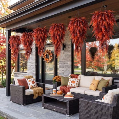 Daifunli 12 Pcs Artificial Fall Hanging Plants Fake Hanging Ferns Plastic Autumn Faux Plants for Wall Room Garden Garland Indoor Outdoor Decor No Basket (Fall Boston =) - style: Fall Boston