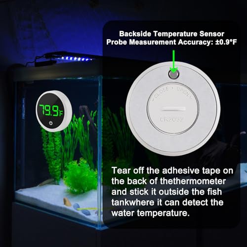DORHEA 2Pcs Digital Aquarium Thermometer Fish Tank Digital LED Display Thermometer Fahrenheit Aquarium Temperature Sensor with LED Touch Screen for Aquarium Glass Containers Plant Reptile Turtle Tank - color: 2pcs round-white