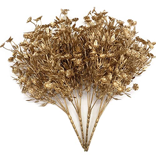 PASYOU Artificial Gold Flowers, Plastic Simulation Plants Golden Daisy Leaves Faux Shrubs for Indoor Outdoor Home Garden Planter Filler Party Hotel Verandah Wedding DIY Decoration 4 Pack - color: Gold Daisy Leaves - 4 Pack