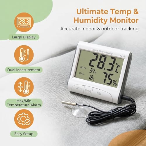 Reptile Thermometer Hygrometer with High Low Temperature Alarm Digital Aquarium Thermometer with Hook and Loop Temperature Humidity Meter Gauge for Terrariums, Vivariums, Reptile Tanks (2) - size: 2pcs