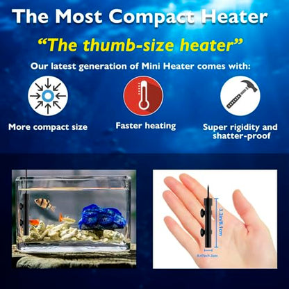 25W Mini Aquarium Heater Betta Heater for 3-5 Gallon Freshwater & Saltwater Tanks, Alumina Ceramic Fish Tank Heater Turtle Heater with Dry-Run & Overheat Protection - size: For Tanks ≤ 5 Gal