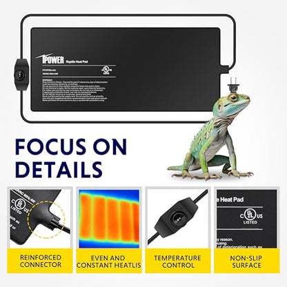 iPower 8x18 Inch Reptile Heating Pad with LCD Digital Aquarium Thermometer, Reptile Heat Mat with Adjustable Temperature Control for Reptiles - color: Black/Heat Pad with Adjust Knob+ Thermometer, size: 8" x 18"