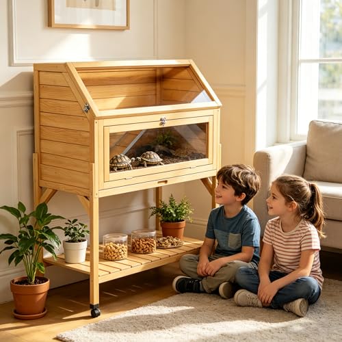 Large Tortoise Habitat House Indoor Outdoor with Assemblable Legs Wooden Turtle Hidden Enclosure with on Wheels with Not Leak Pull-Out Tray Reptile Lounge Cage for Small Animals (Wood1) - color: Wood1