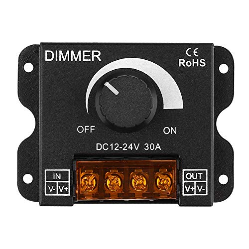 SUPERNIGHT LED Light Strip Dimmer, DC12V-24V 30A PWM Dimming Controller for Dimmer Knob Adjust Brightness ON/Off Switch with Aluminum Housing