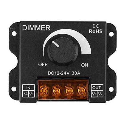 SUPERNIGHT LED Light Strip Dimmer, DC12V-24V 30A PWM Dimming Controller for Dimmer Knob Adjust Brightness ON/Off Switch with Aluminum Housing