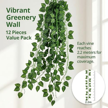 Epipremnum Aureum Leaves, Green Vines Fake Plant Vine Leaves, Hanging Fake Vine Leaves, Home Kitchen Garden Office Wedding Wall Decor (Pack of 12 86 Inch Fake Plants)