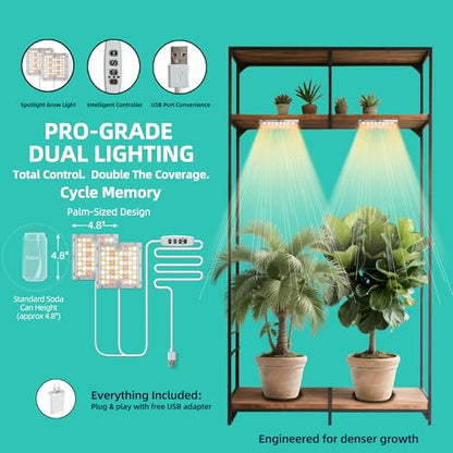 Dual Head Under Shelf Grow Light, USB Powered Stick On LED Under Cabinet Plant Light with Timer, Full Spectrum High PPFD Puck Lights for Shelves, Plant Stands, Indoor Plants, Multi-Plant Coverage - size: Dual Head - 2 x 60 LED