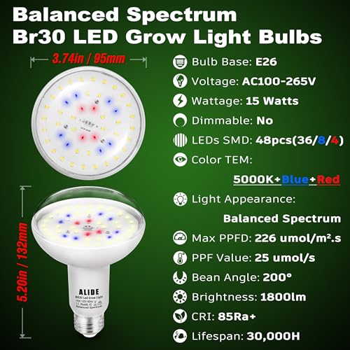 BR30 Led Grow Light Bulbs for Indoor Plants Full Spectrum,E26 BR30 Floodlight Plant Sun Grow Lamp 15W 1800lm,150-200 Watt Equivalent,Balanced Spectrum 5000K Red Blue for Seeds Greens,Flowers,1Pcs - size: BR30