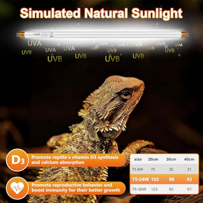 UVB Light for Reptiles Bearded Dragon, 2 Pack T5 UVB Reptile Light UVB Bulb 10.0 24W UVA UVB Reptile Light Bulb Terrarium Light Lamp Tube for Turtle Chameleon Leopard Gecko Snake Tank, 22 Inch - size: T5-22 Inch(2 Pack)