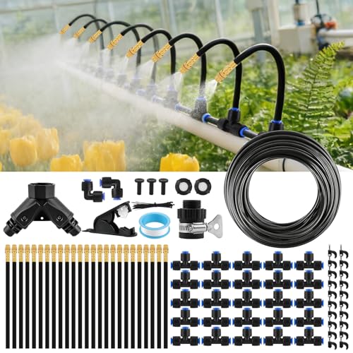 Kalolary 100Ft Misting Cooling System with 360°Adjustable Nozzles,Misters for Outside Patio with 100FT Misting Line& 25pcs Brass Mist Nozzles Outdoor Mister for Garden Greenhouse Plant Drip Irrigation - size: 100FT with Adjustable Brass Spray Nozzles