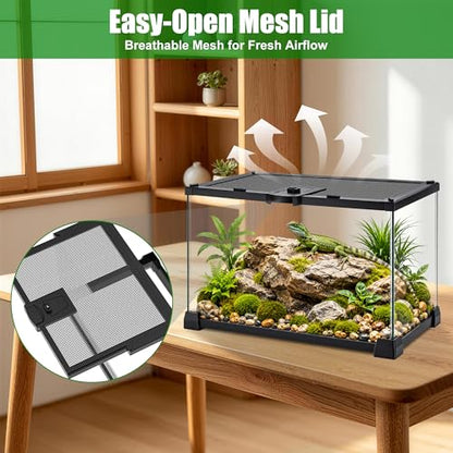 Reptile Terrariums Mini Glass Tank 12" x 8" x 6" Habitat, Top-Opening Mesh Lid with Latch, 360° Clear View, Ventilated Enclosure for Jumping Spiders, Tarantulas, Froglets & Isopods - size: 12" x 8" x 6"