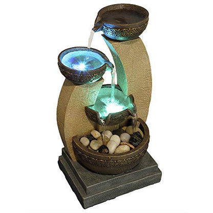 11" H Golden Tiered Bowl Fountain with Color Changing LED Lights with Adapter Brown