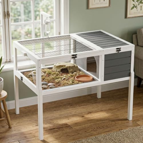 Turtle Habitat Enclosure, Large Wooden Tortoise House, Reptile Enclosure with Openable Roof & Secure Locking System