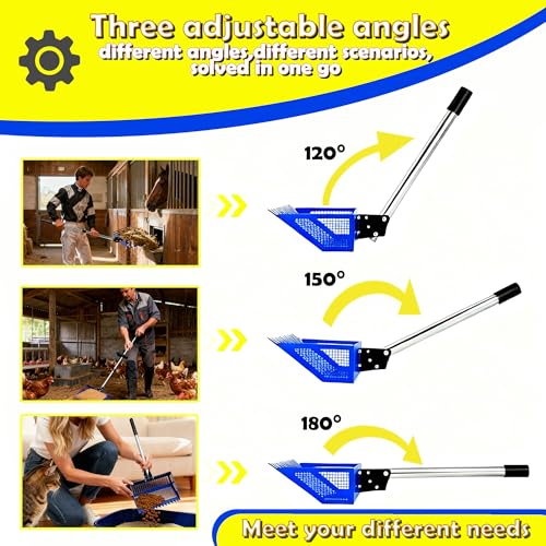 Chicken Poop Scooper & Rake 2-in-1, 15" Extra Large Stainless Steel Litter Scoop, 21"-76" Adjustable Handle, Chicken Coop Cleaner for Sand, Pet Waste & Litter Sifting - color: blue
