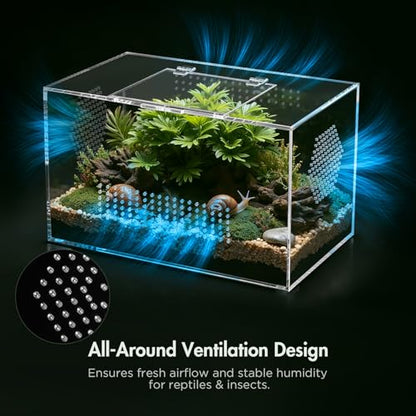 Acrylic Reptile Terrarium, Pre-Assembled Tarantula Enclosure with All-Side Ventilation & Magnetic Door, Tank for Spider, Gecko, Mantis, Frog, Snail, Isopods, 12"x7"x7" (Tweezer & Hygrometer Included) - size: Large Horizontal (12"×7"×7")