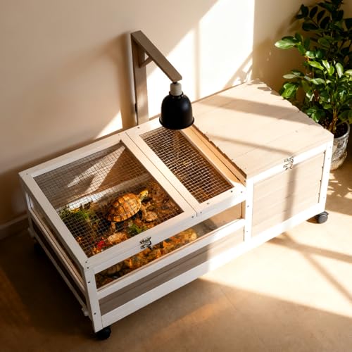Tortoise Habitat with Lamp Holder in Indoor & Outdoor, Wooden Extensible Turtle Enclosure Table with 4 360° Lockable Wheels, Leakproof Tray, Openable Roof for Tortle, Lizard, Chameleon - size: 39"L x 24"W x 14"H