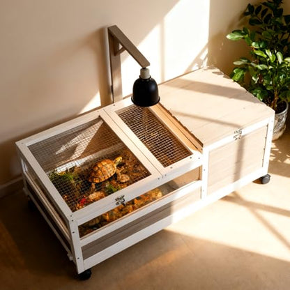 Tortoise Habitat with Lamp Holder in Indoor & Outdoor, Wooden Extensible Turtle Enclosure Table with 4 360° Lockable Wheels, Leakproof Tray, Openable Roof for Tortle, Lizard, Chameleon - size: 39"L x 24"W x 14"H