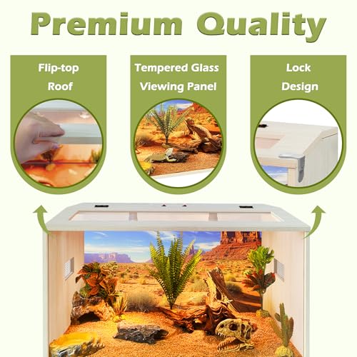 PROLEE Bearded Dragon Tank, 30 Gallons Wooden Reptile Enslosure, Tempered Glass Lizard Tank, Large Bearded Dragon Enclosure with Built-in Lamp Fixture for Lizard - size: 30Gallons