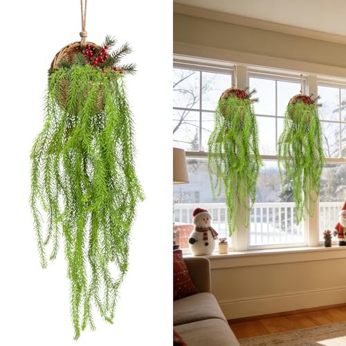 RAINFLOW 2PCS Christmas Fake Hanging Plants 36" Uv Resistant Artificial Pine Needle Hanging Vines, Fake Ivy Vines for Wall Shelf Patio Front Porch Christmas Decor(Basket and Berries Not Included)