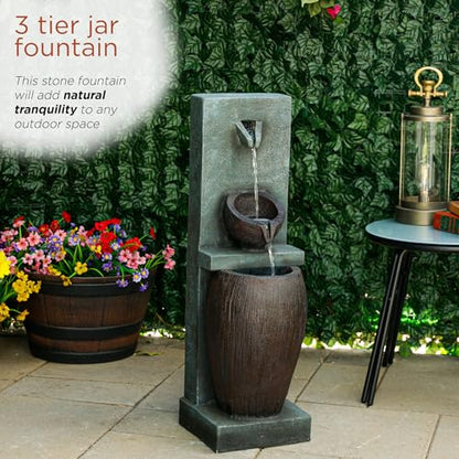 Alpine Corporation TZL388 32" 3 Tier Jar Fountain with LED Lights, Elegant Outdoor Water Feature for Garden, Patio, Backyard, Home Décor, Ceramic Water Fountain & Landscape Decorations, Gray - style: 32"H - Gray 3-Tier Jar Fountain w/ LEDs
