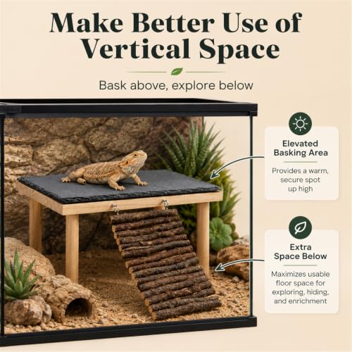Bearded Dragon Basking Platform, Natural Slate Reptile Basking Rock with Wooden Climbing Ramp, Terrarium Habitat Decor for Lizard, Leopard Gecko, Tortoise, Snake (Medium) - size: Medium
