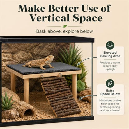 Bearded Dragon Basking Platform, Natural Slate Reptile Basking Rock with Wooden Climbing Ramp, Terrarium Habitat Decor for Lizard, Leopard Gecko, Tortoise, Snake (Medium) - size: Medium