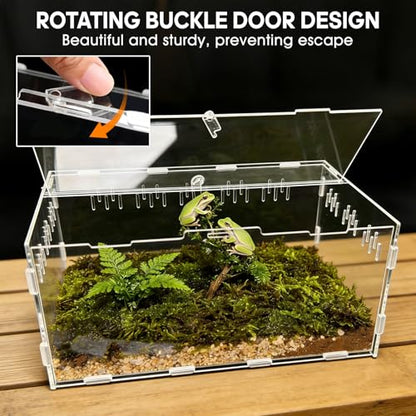 Acrylic Reptile Terrarium, Tarantula Enclosure with Magnetic Door, Easy-Clean Reptile Tank for Spider, Insect, Gecko, Mantis, Frog, Snail, Isopods- 11.4" X 7.8" X 5.9"(Tweezer and Bowl Included)