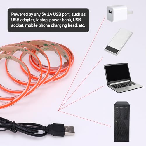 DC 5V USB COB Red LED Strip Light Dimmable IP65 Waterproof USB Powered 6.6ft/2M 640LEDs with Dimmer High Brightness Flexible LED Tape Lights - color: Red