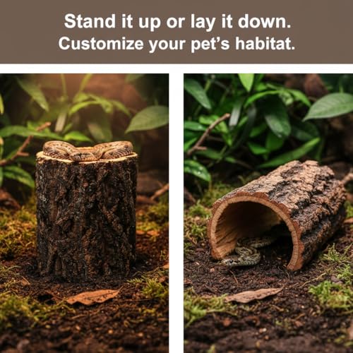 Veemoon Natural Tree Trunk Reptile Hide Cave Reptile & Amphibian Habitat Hideouts Natural Cork Bark Tree Trunk Terrarium Log Cave Wood Climbing Hide for Gecko Snakes Hermit Crabs Frog, 4. 9×5. 9"