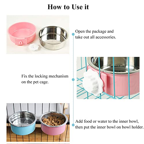 Dog Crate Bowl, Hanging Stainless Steel Removable Pet Crate Water & Food Bowls, Pet Cage Feeder Container Coop Cup for Cat Puppy Birds Rats Guinea Pigs Rabbit Hamster (2PCS) - color: (Round) Dark Blue/Grey