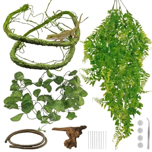 8 Pcs Reptile Plants for Terrarium Bearded Dragon Tank Accessories Artificial Hanging Reptile Vine Jungle Climbing Plant Vines Terrarium Decorations for Snakes Geckos Lizards Chameleons