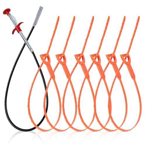 Hair Drain Clog Remover 7-Piece Set | 6x25” Plastic Sink Snake + 1x35” Stainless Steel Plumbing Snake | Drain Cleaner for Shower, Tub, Kitchen Sink & Toilet (35inch, Black+Orange) - color: Black+Orange, style: 35inch