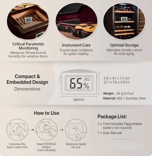 Mini Hygrometer Thermometer, Cigar Embedded Design LCD Electronic Digital Indoor Humidity Gauge Monitor for Cigar Box, Guitar Case, Jars, Wine Cabinet, Greenhouse, Cellar