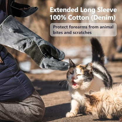 COOLJOB Bite Proof Animal Handling Gloves, Cowhide Leather with Kevlar Stitching for Cat Grooming, Dog Training, 16/22” - color: Blue-black, 22"