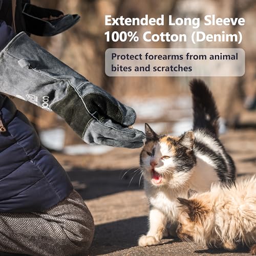 COOLJOB Bite Proof Animal Handling Gloves, Cowhide Leather with Kevlar Stitching for Cat Grooming, Dog Training, 16/22” - color: Blue, 16"
