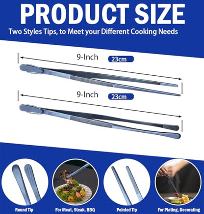 JETKONG 2 Pcs 9-Inch Cooking Tweezer Tongs Stainless Steel Kitchen Tweezers Plating Tongs (Navy Blue) - color: Navy Blue, size: 9+9 Inch