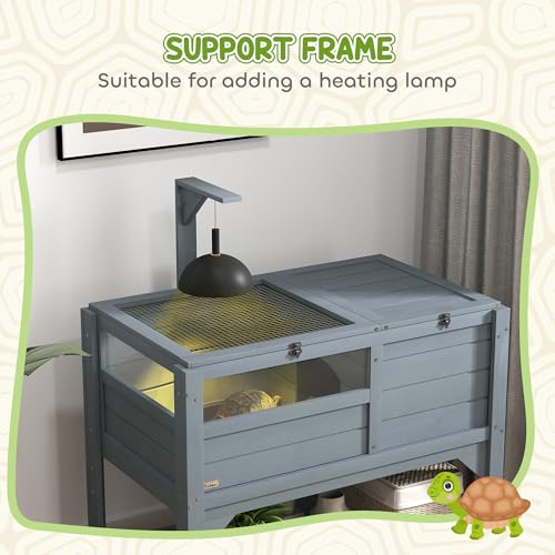 PawHut Tortoise Habitat with Shelf Storage, Reptile Enclosure with Tray, Light Support Frame, Gray - color: Gray